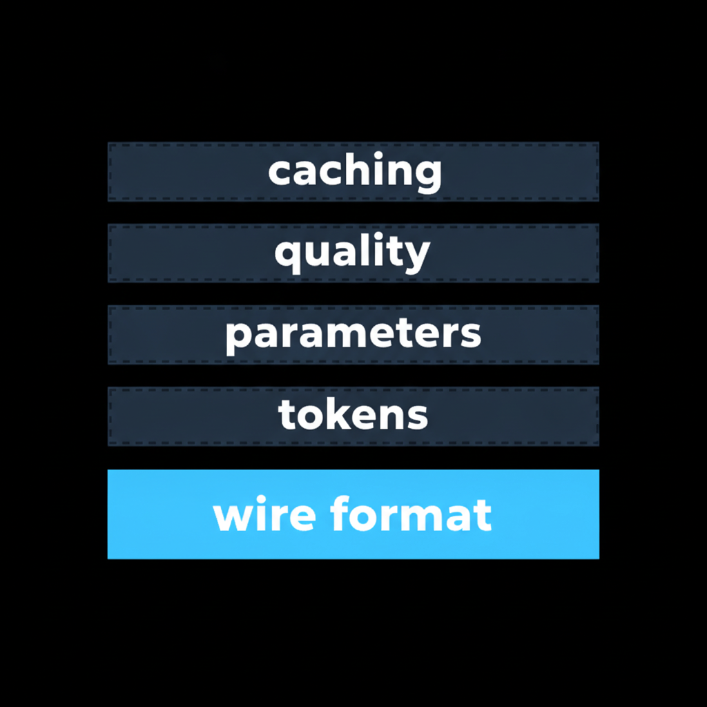 A stack diagram showing a solid "wire format" bar at the base, with four dashed unresolved bars above it labelled caching, quality, parameters and tokens.