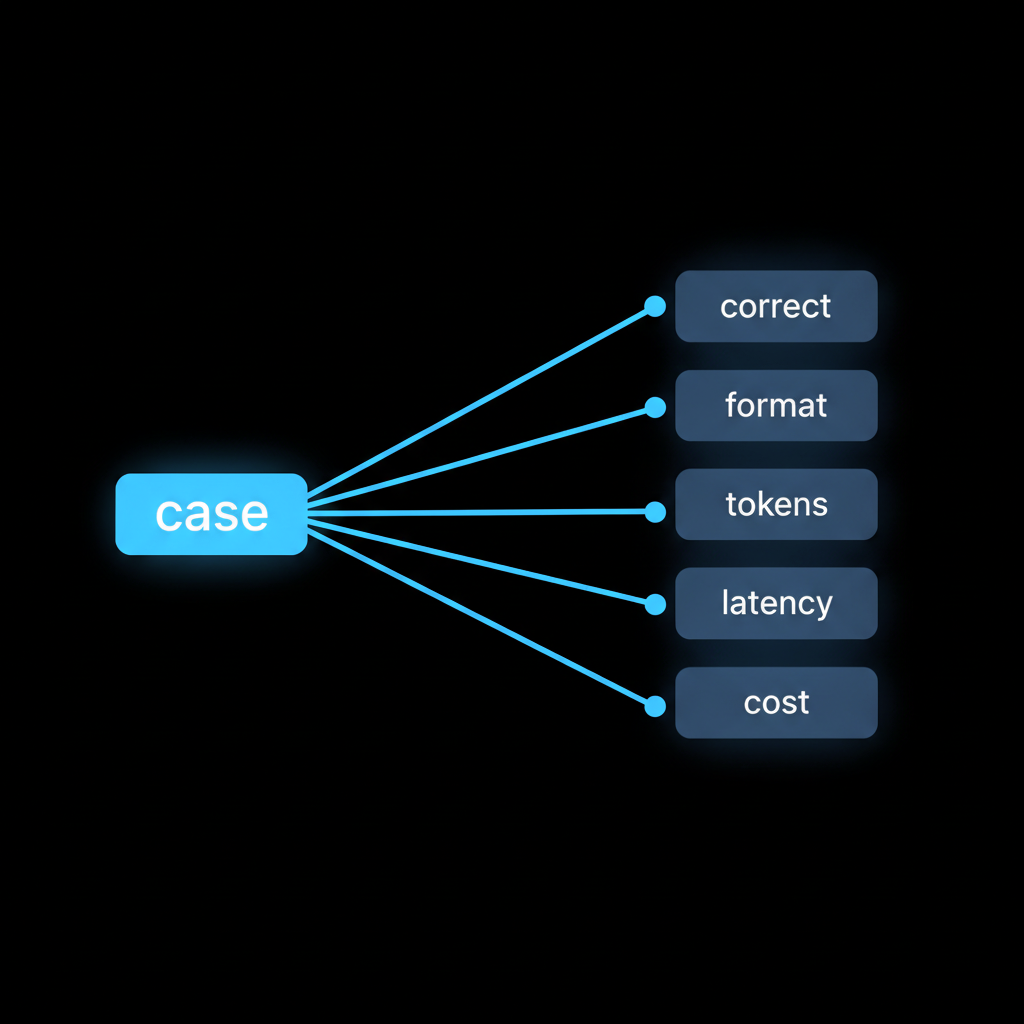 One eval case fanning out into the five dimensions a model-swap regression test should measure: correctness, format, tokens, latency and cost.