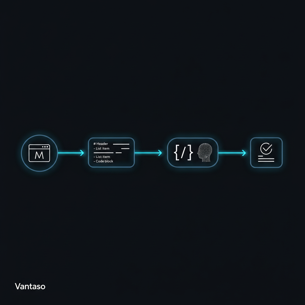 A four-stage pipeline: a webpage and its DOM on the left resolve into clean markdown lines, pass through a JSON-schema gate, and emit a validated structured record, rendered in cyan and steel-blue on near-black
